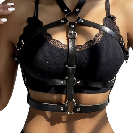 SUBBLIME FETISH COLLECTION - LEATHER RING CHEST HARNESS BLACK ONE SIZE