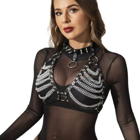 SUBBLIME FETISH COLLECTION - HARNESS BRA AND NECKLACE WITH CHAINS ONE SIZE