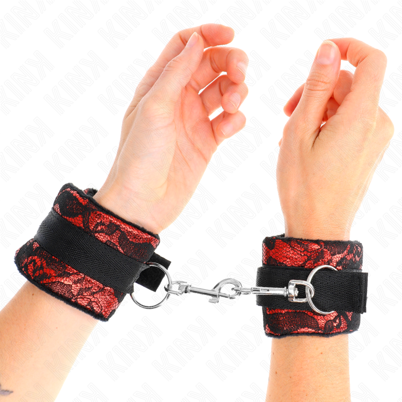 KINK - SHORT VELVET LACE WRIST RESTRAINTS AND NYLON BIND RED / BLACK 23 X 6.5 CM - Billede 4