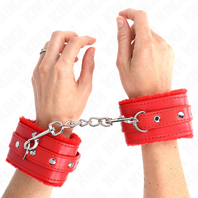 KINK - PREMIUM FUR LINED WRIST RESTRAINTS RED WITH RED BELT ADJUSTABLE 17-29 CM X 6 CM - Billede 4