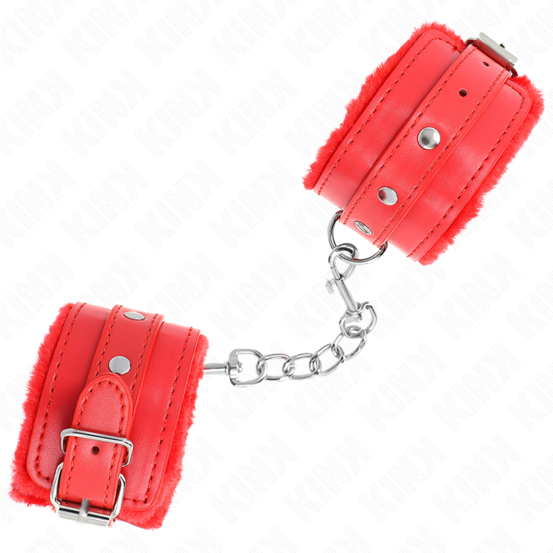 KINK - PREMIUM FUR LINED WRIST RESTRAINTS RED WITH RED BELT ADJUSTABLE 17-29 CM X 6 CM - Billede 2