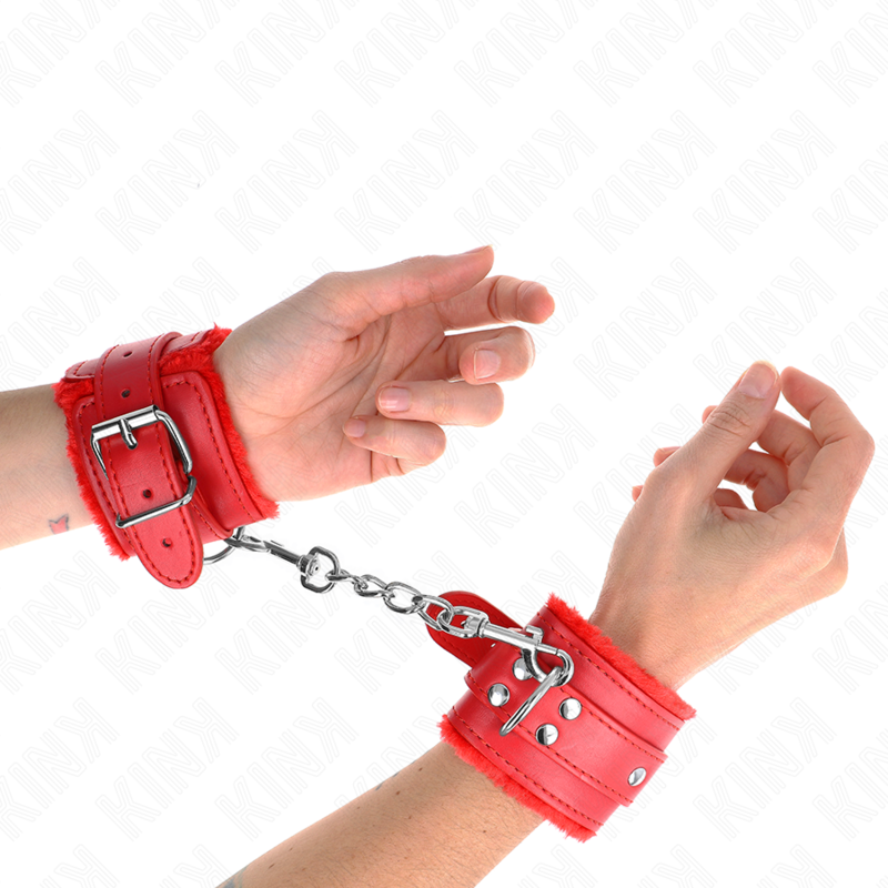 KINK - FUR LINED WRIST RESTRAINTS RED WITH RED BELT ADJUSTABLE 17-29 CM X 6 CM - Billede 3