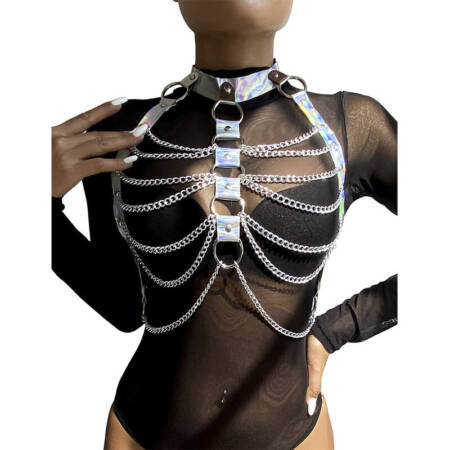 SUBBLIME FETISH COLLECTION - 953737 CHEST HARNESS WITH RINGS AND CHAINS SILVER ONE SIZE